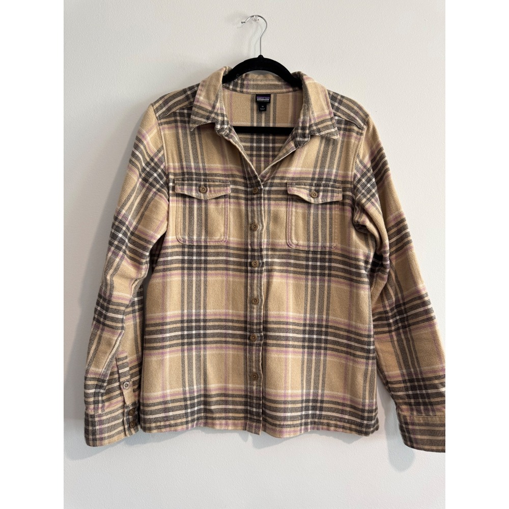 Patagonia Organic Cotton Plaid Flannel Shirt Womens 10 Tan Brown Button Down